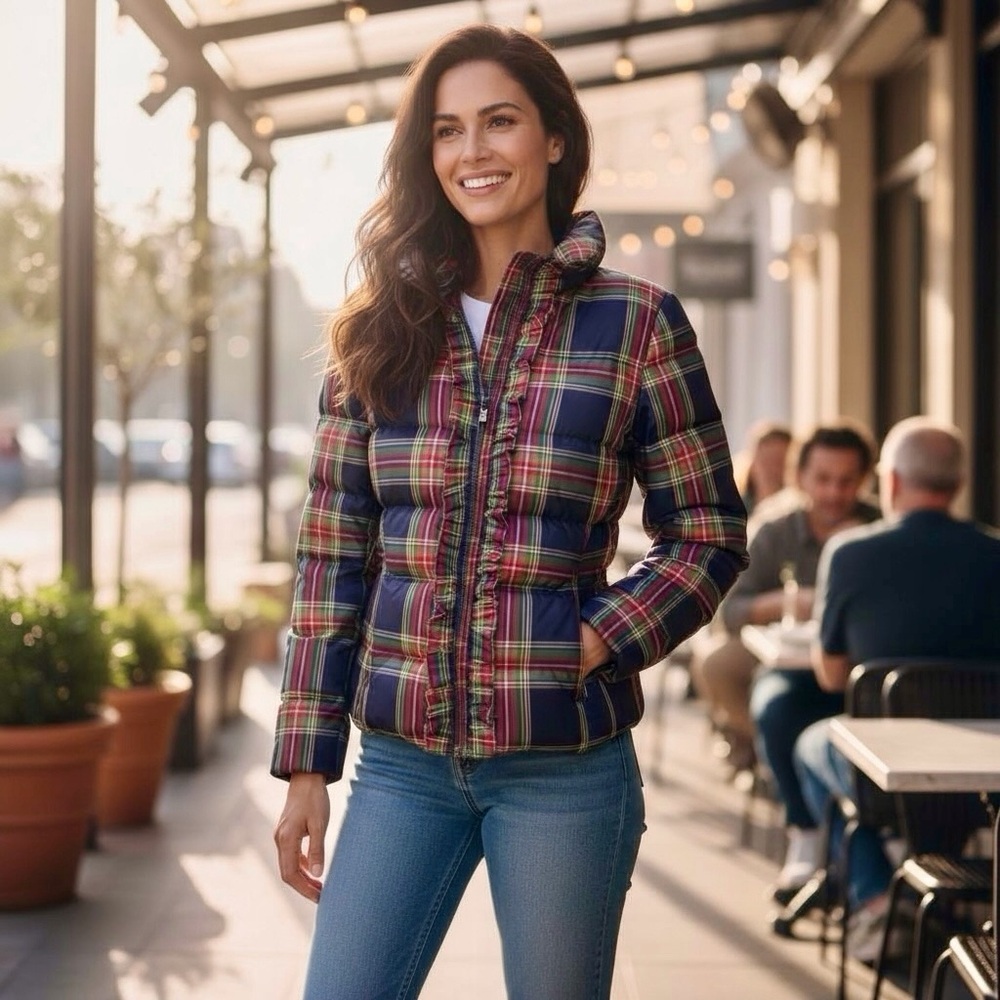 Talbots Plaid Tartan Ruffled Down Puffer Jacket Winter Coat Red Blue Green XS